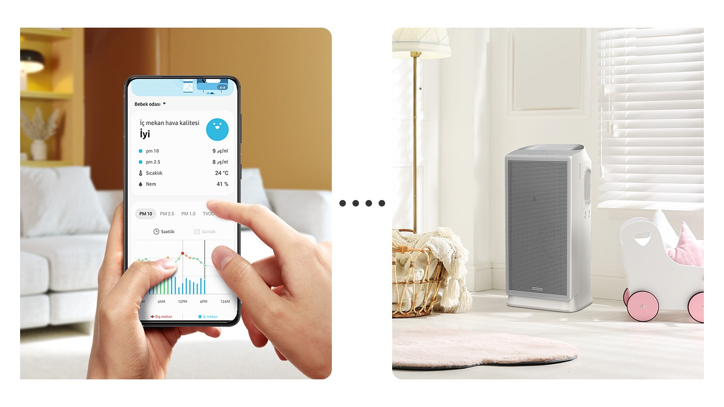 SmartThings Air uygulaması bebek odasının hava kalitesi verilerini gösteriyor. Her odadaki hava kalitesini yönetmeye yardımcı olmak için saatlik ve günlük, iç ve dış ortam hava kalitesi verileri sağlar.