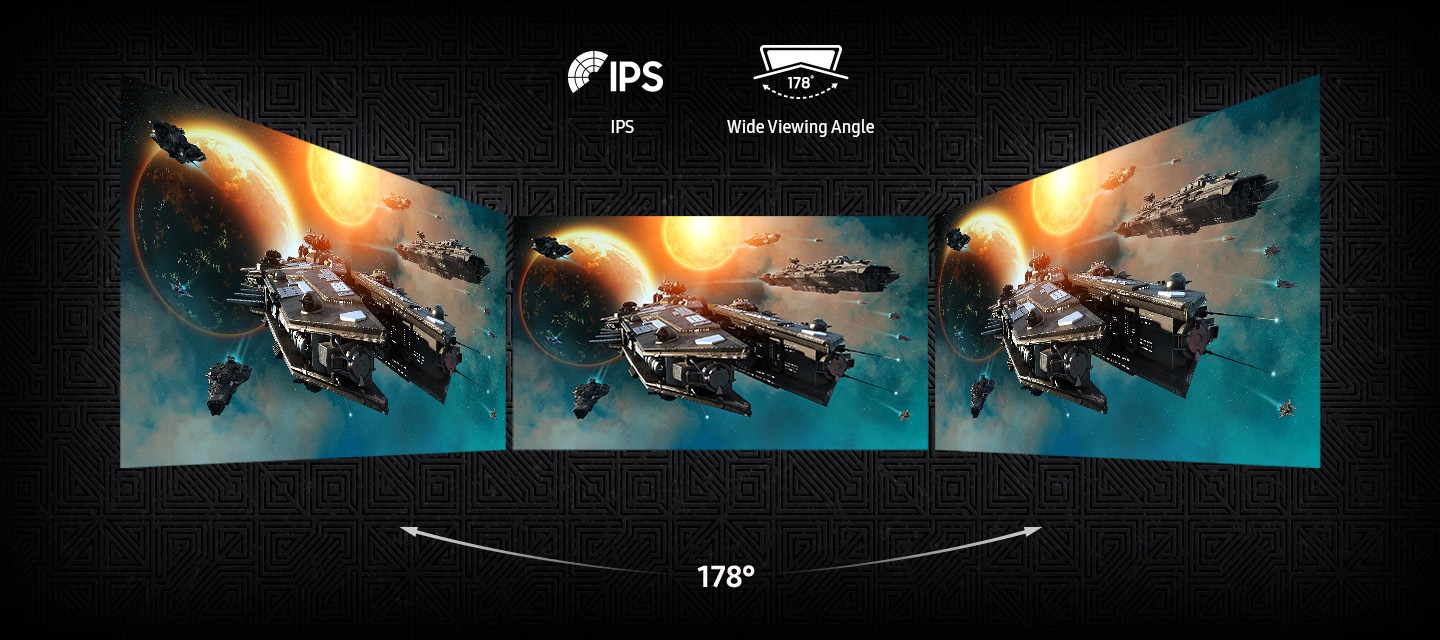 Three monitors placed side by side provide a viewing angle of 178°. IPS and Wide Viewing Angle icons.