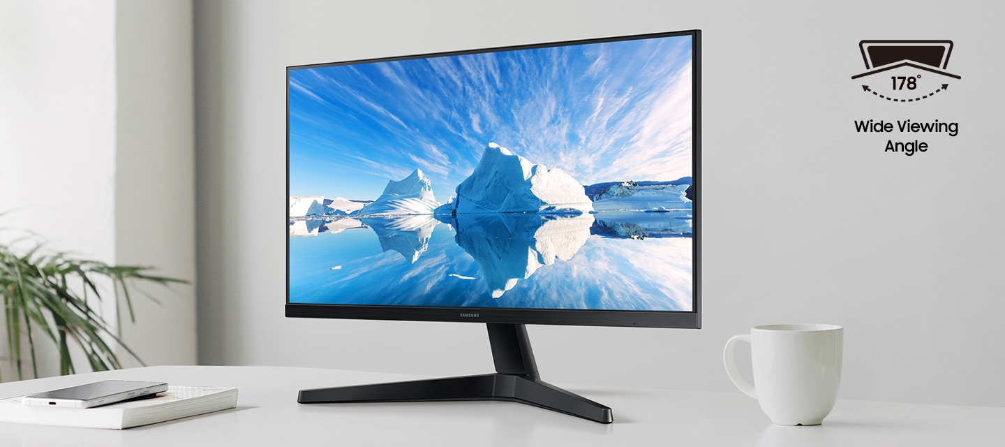 There is an Essential Monitor S3 displaying a landscape with snow on its screen. Next to the monitor, there is a wide viewing angle icon that represents 178º viewing angle.