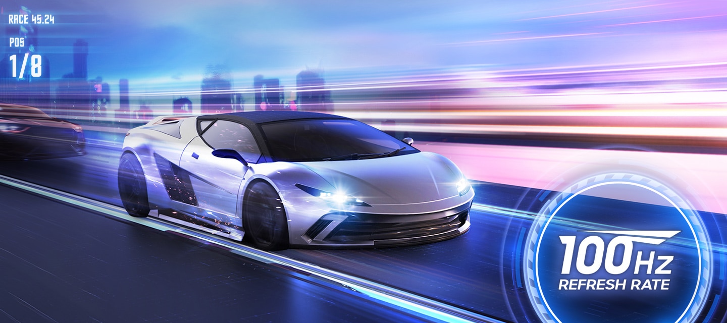 A sports car is outracing another car. 100Hz REFRESH RATE.