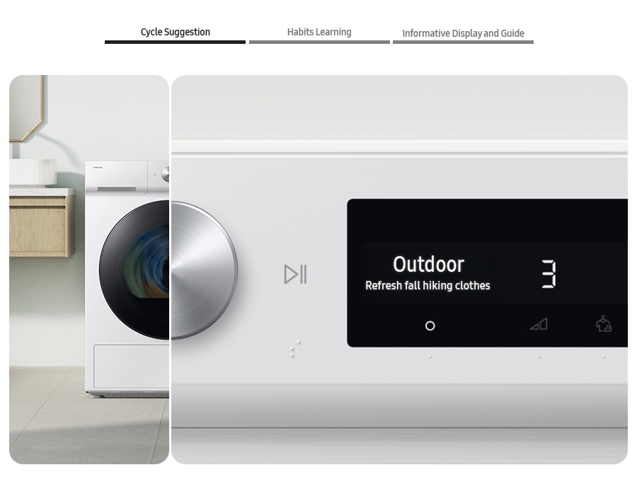Yapay zeka destekli kurutma makinesinin kontrol panelinde Program Önerisi, Yıkama Alışkanlıklarını Öğrenme özelliği ve Bilgilendirme Ekranı ve Rehber gösteriliyor. İki set çamaşır ve kurutma makinesi, iki ayrı yaşam alanına farklı şekilde yerleştirilmiş. Kurutma programları otomatik olarak ayarlanmış.
