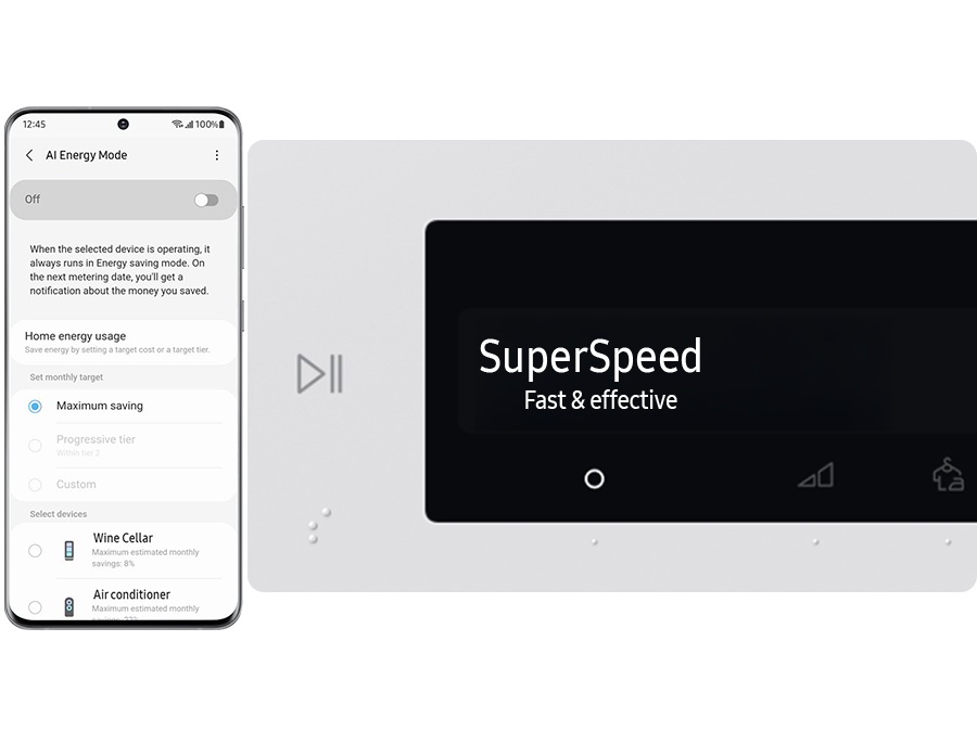 Yapay Zeka Enerji Modu, mod düğmesini “Açık” olarak ayarladığınızda ve çalıştırmak istediğiniz cihazı akıllı telefonunuzdan seçtiğinizde etkinleşir. Az yük ve normal kuruluğa kıyasla %20’ye varan oranda daha fazla enerji tasarrufu sağlar.※Görüntüler örnek olarak sunulmuştur. Sonuçlar, gerçek kullanım koşullarına göre farklılık gösterebilir.