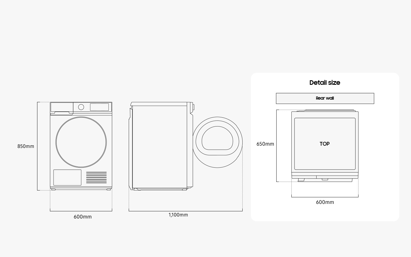 Görselde kurutma makinesinin önden, yandan ve üstten boyutları gösteriliyor. Kurutma makinesinin genişliği 600 mm, yüksekliği 850 mm ve derinliği 650 mm olarak ölçülüyor. Öndeki kapak açıldığında ise toplam genişlik 1.100 mm’dir. Çamaşır makinesi monte edilirken arka duvarla arasında biraz mesafe bırakılmalıdır.
