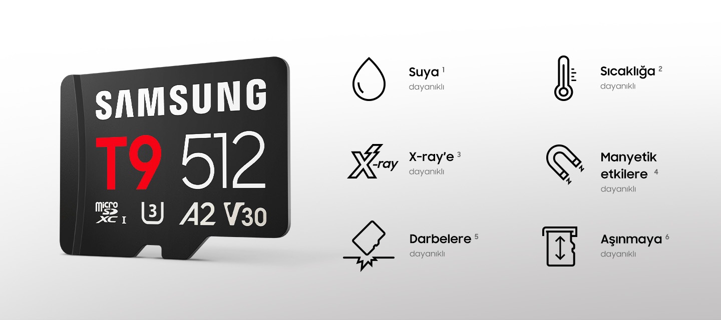 A T9 microSD Card floats on a white background, surrounded by six proof icons labelled as