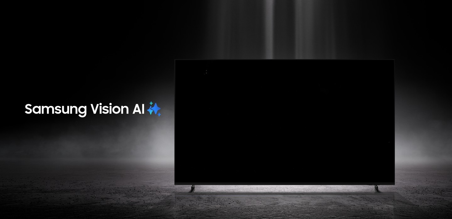 Samsung Vision AI kelimeleri, Samsung AI logosu ile birlikte görüntüleniyor. Yakındaki bir TV açılarak soyut görseller göstermeye başlıyor.