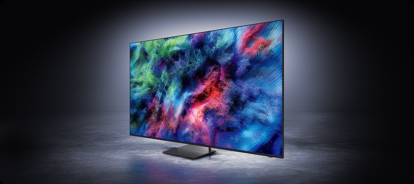 Samsung Micro RGB TV’nin minimal siyah çerçeveli ve havada süzülme efektli Infinity Air Tasarımı gösteriliyor. Ekranda renkli ve soyut bir sahne gösteriliyor.