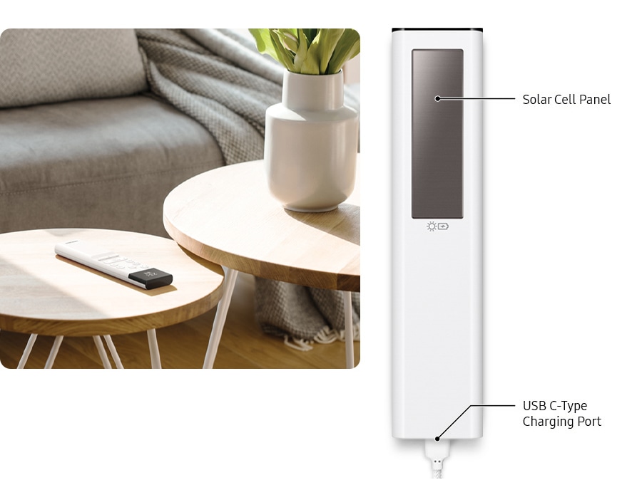 Masanın üzerinde Solarcell Uzaktan Kumanda yer alıyor. Yanında ise uzaktan kumandanın arkası gösteriliyor. Burada “Solarcell Panel” ve “Type-C USB Şarj Girişi” ifadeleri gösteriliyor.