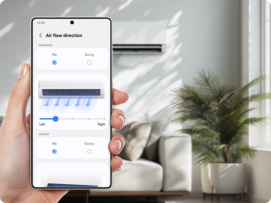 Kullanıcı, SmartThings uygulamasında iç mekan ünitesinin hava akış yönünü ve açısını ayarlıyor. 6 dikey seviye ve 5 yatay seviye ile çalışan iç mekan ünitesi gösteriliyor.