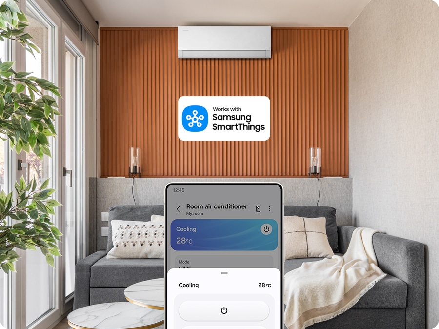 Akıllı telefon iç mekan ünitesine yaklaştığında SmartThings üniteyi tanıyor ve telefonda açılır bir pencere beliriyor. Akıllı telefon, iç mekan ünitesini çalıştırmak için kullanılıyor. Samsung SmartThings ile çalışır.