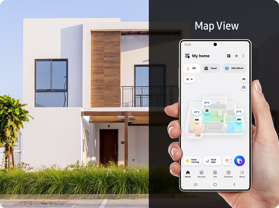 Akıllı telefon, SmartThings uygulamasının Harita Görünümü sayesinde evin dışından evin içini izlemek için kullanılıyor. Uygulamada evin 3D haritası gösteriliyor.