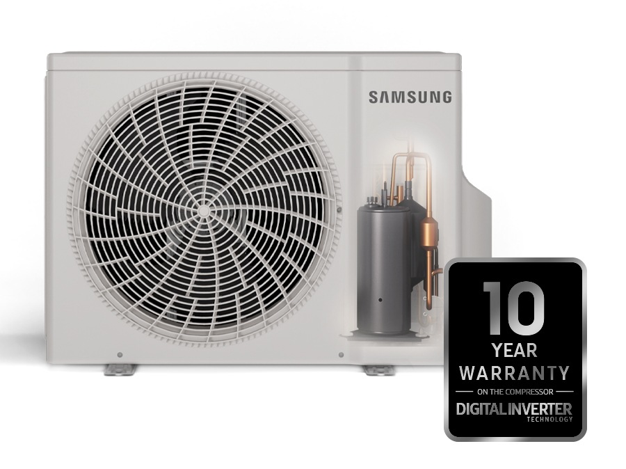 Dış mekan ünitesinin içindeki kompresör gösteriliyor. Önünde ise “Digital Inverter Teknolojili, 10 yıl garantili kompresör” ifadesini içeren bir garanti işareti yer alıyor.