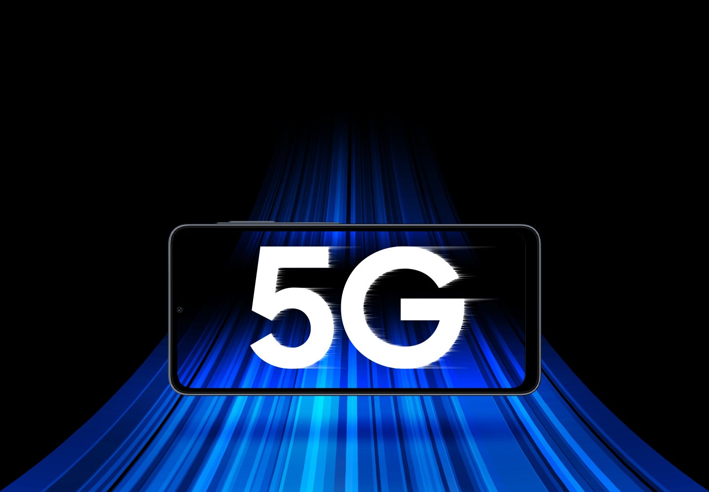 Galaxy A07 5G ekranında neon mavi hareket çizgileriyle 5G yazısı.