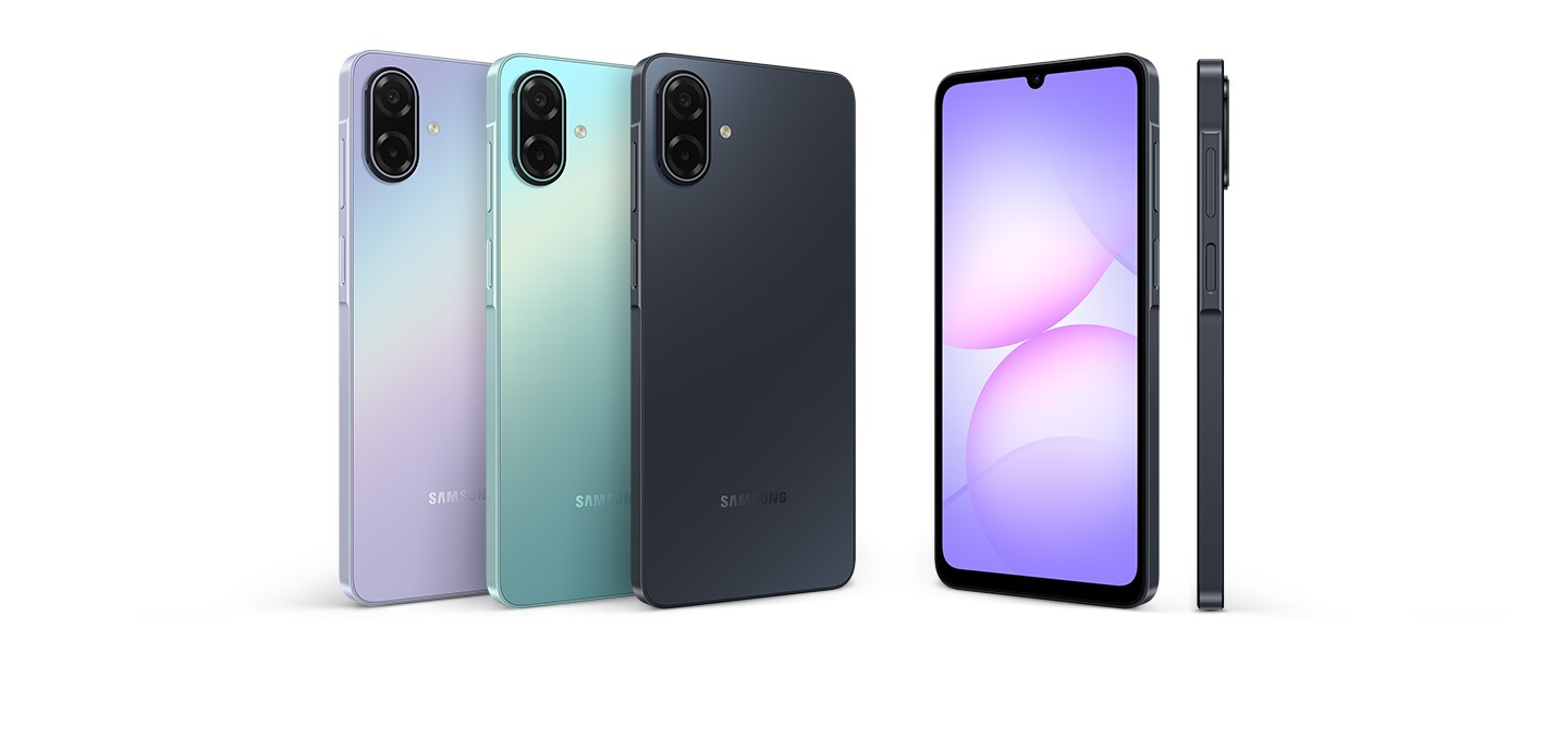 Siyah, Açık Mor ve Açık Yeşil renklerde Galaxy A07 5G'nin ince ve zarif tasarımı.
