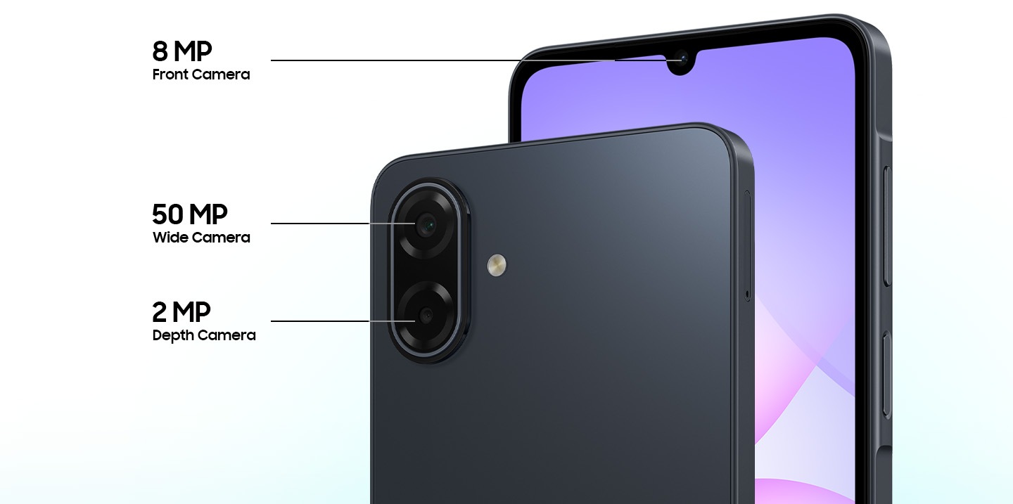 Galaxy A07 5G arka kamera 50MP + 2MP, ön kamera 8MP görseli.