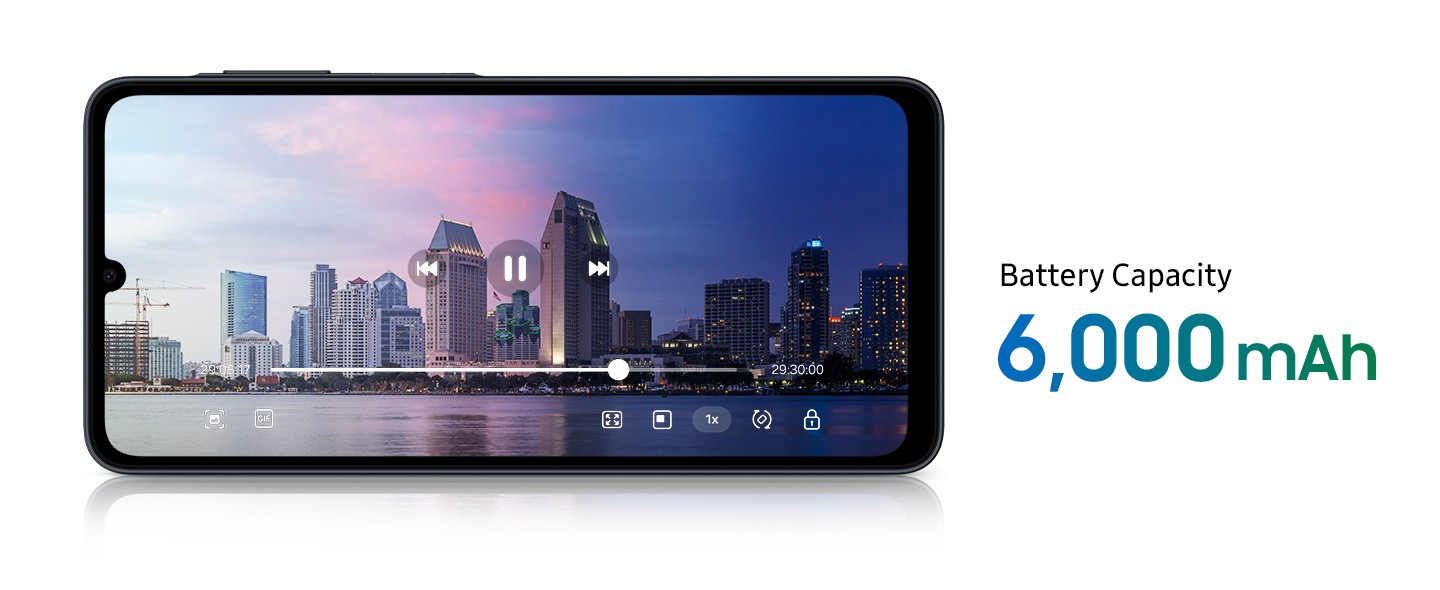 Galaxy A07 5G ekranında gündüz ve gece şehir manzarası. Pil kapasitesi 6000 mAh.