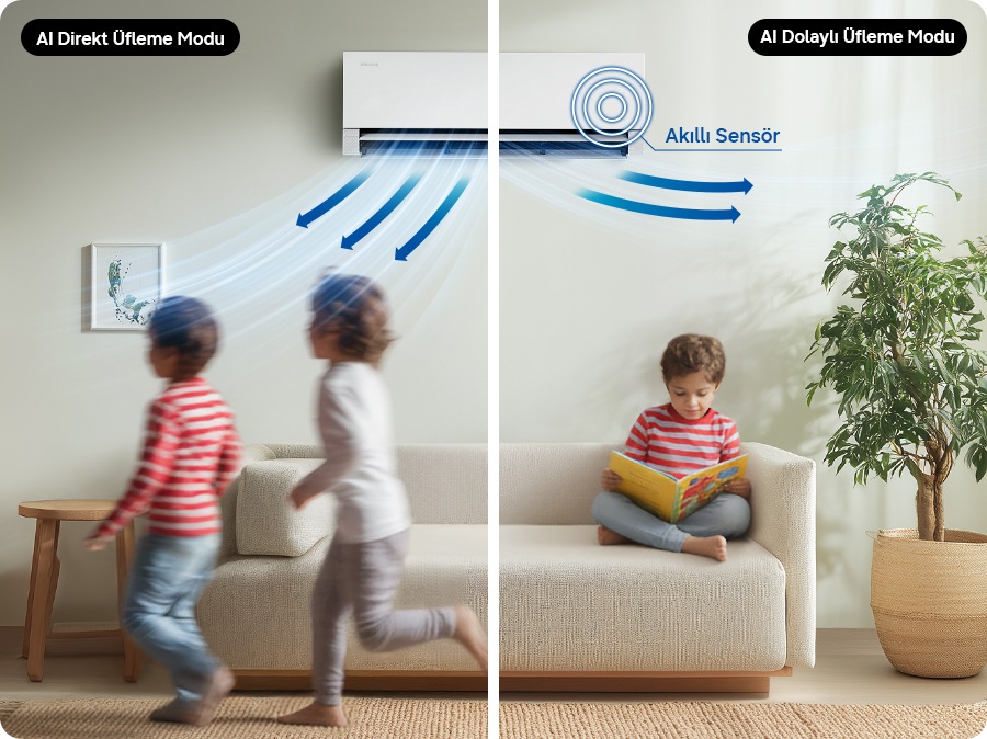 The air conditioner is installed on the wall above the living room sofa. In Direct Wind Mode, airflow follows children moving around, while in Indirect Wind Mode, airflow avoids children sitting on the couch reading.