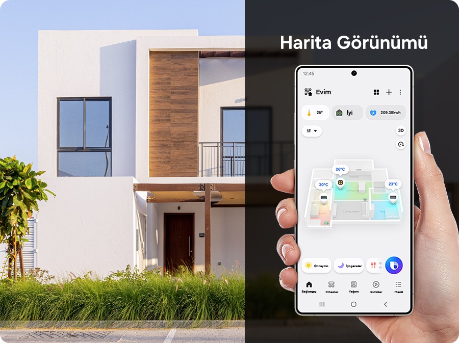Akıllı telefon, SmartThings uygulamasının Harita Görünümü sayesinde evin dışından evin içini izlemek için kullanılıyor. Uygulamada evin 3D haritası gösteriliyor.