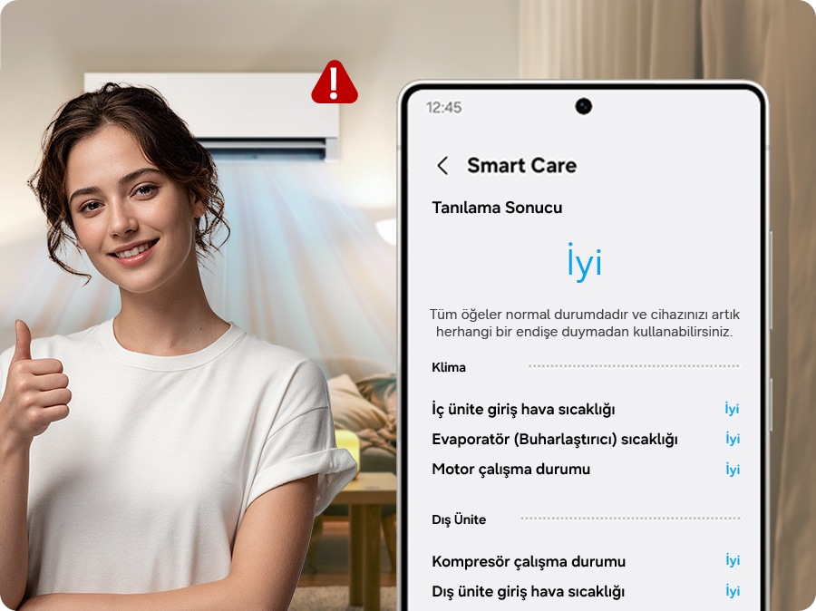 SmartThings uygulamasında, Smart Care cihaz tanılama sonucu “İyi” olarak görüntüleniyor. Kullanıcı memnun bir ifadeyle başparmak yukarı hareketi yapıyor.