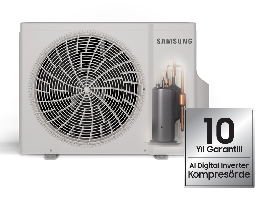 Dış mekan ünitesinin içindeki kompresör gösteriliyor. Önünde ise “Digital Inverter Teknolojili, 10 yıl garantili kompresör” ifadesini içeren bir garanti işareti yer alıyor.