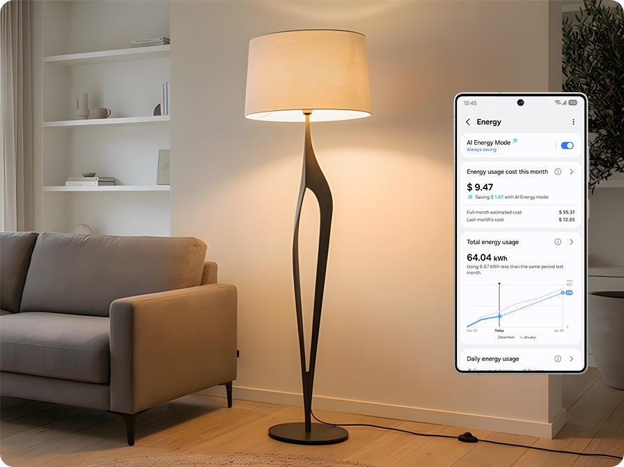 A modern living room with a standing lamp and sofa. On the SmartThings app screen, AI Energy Mode is set to On.