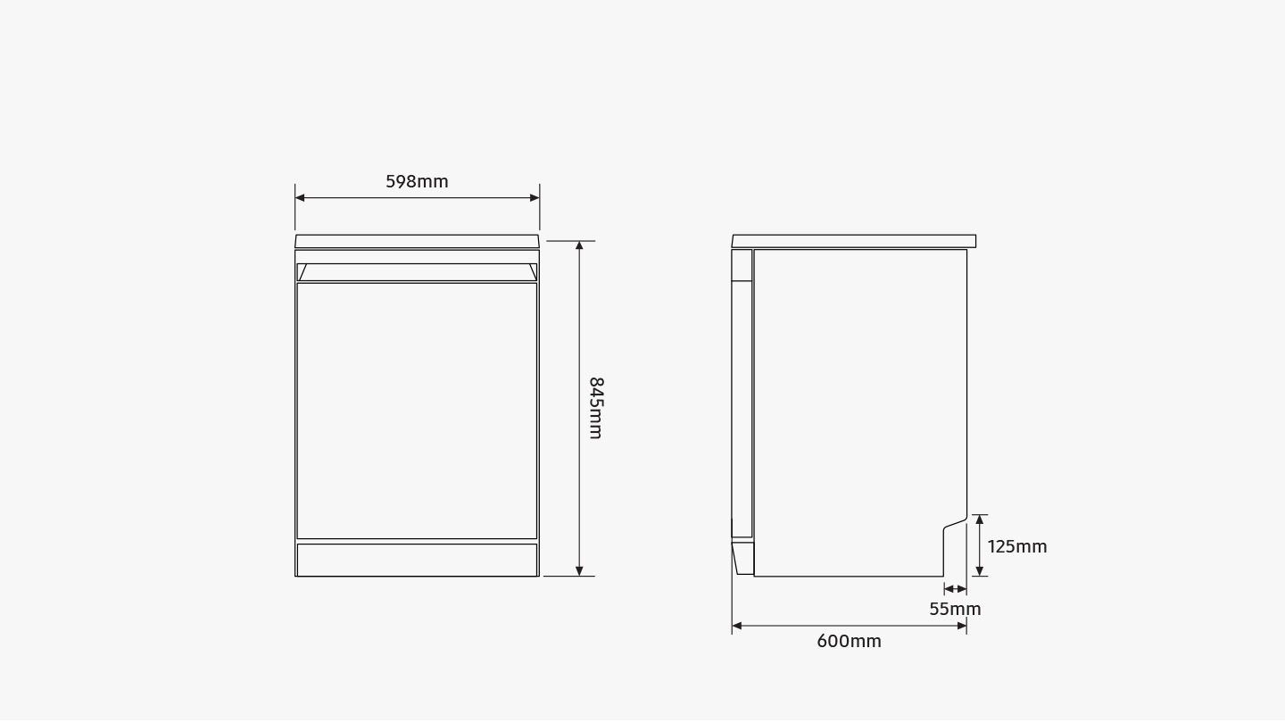 Diagrams highlight the dimensions of the dishwasher : height = 845mm, width = 598mm, depth (incl. door) = 600mm. The back of the dishwasher has a gap at the bottom that is 55mm from the rear and 125mm above the floor.