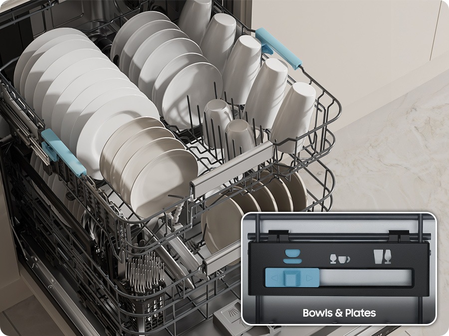 A lever behind the middle rack is highlighted. Adjust across three settings—Bowls & Plates, Shorter Wine or Brandy Glasses, and Standard Wine Glasses—which fit various dish and glass sizes.