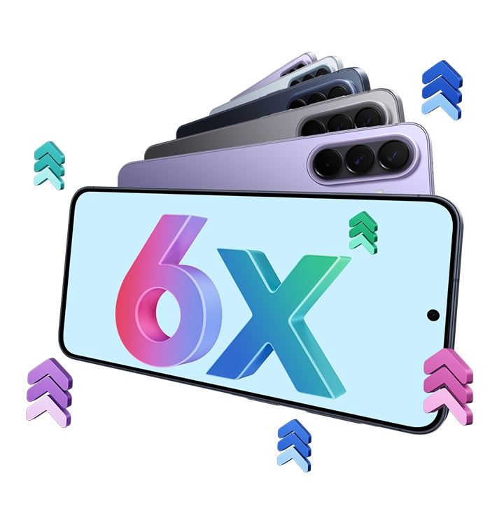 Farklı renk seçeneklerindeki beş Galaxy A57 5G, üst üste gelecek şekilde arkadan gösteriliyor. Manzara modunda önden gösterilen başka bir Galaxy A37 5G’nin ekranındaki “6x” ifadesi, Galaxy A57 5G’nin 6 nesle kadar işletim sistemi güncellemesi ve 6 yıl boyunca güvenlik güncellemeleri sunduğunu vurguluyor.