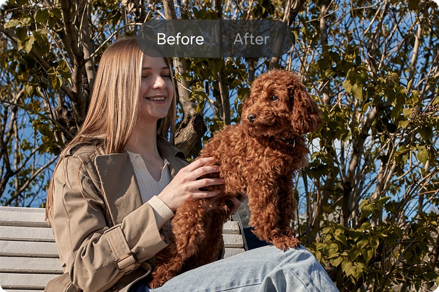 Güneşli bir günde dış mekanda, bankta oturan bir genç kadın ve köpeğinin “Öncesi” ve “Sonrası” görseli. “Sonrası” görseli, Galaxy A37 5G’deki Edit Suggestion ile kaliteyi artırmak için düzenlenmiş.