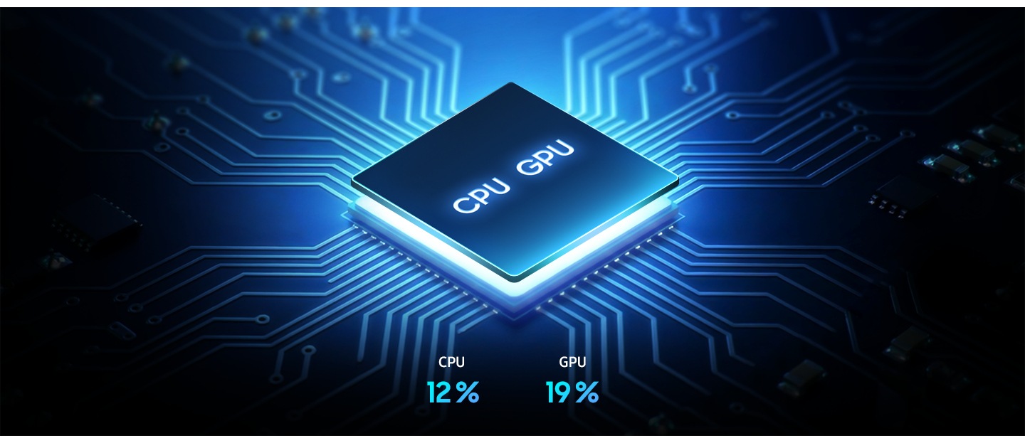 Galaxy A37 5G’nin sekiz çekirdekli işlemci yongası, bir ızgara yapısı üzerinde yerleştirilmiş şekilde gösteriliyor. CPU performansı %12, GPU performansı ise %19 oranında artırıldı.