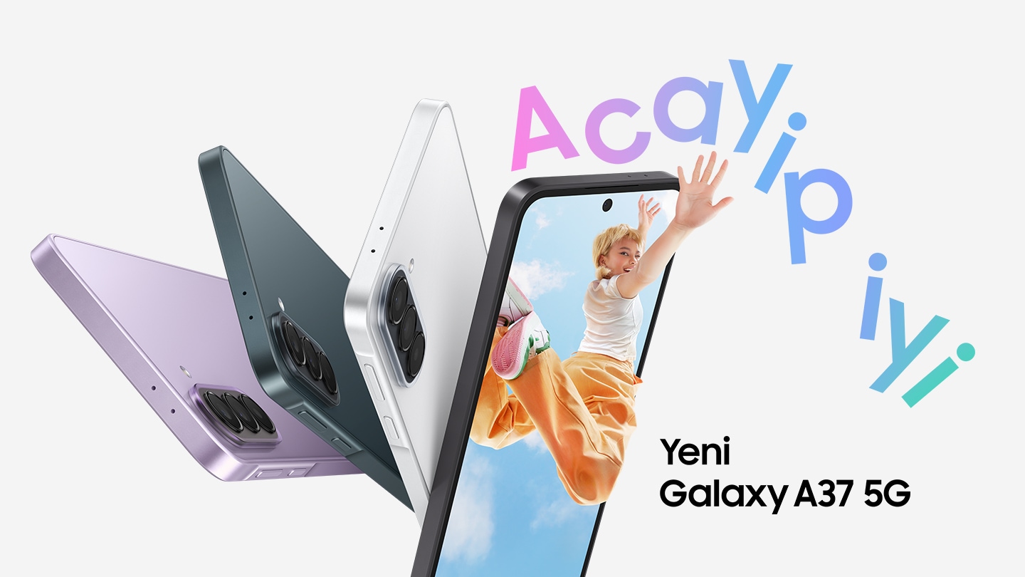 Galaxy A37 5G in Awesome Lavender, Awesome Graygreen and Awesome White are shown from the side and back view, highlighting the slim design and the Triple Camera system on the back. Galaxy A37 5G in Awesome Charcoal is facing slightly right with a colorful image onscreen of a young woman jumping in the air with her hand reaching outside of the phone screen. Awesome. The new Galaxy A37 5G.