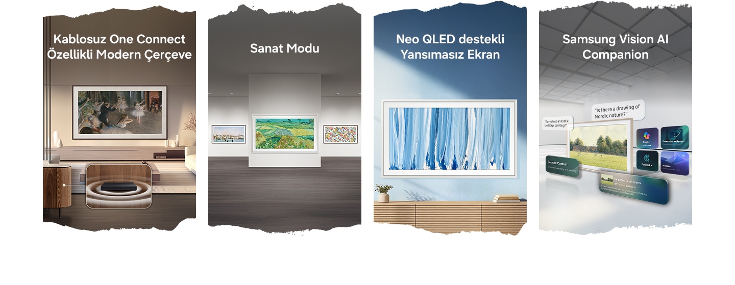 Kablosuz One Connect destekli Modern Çerçeve Tasarımı, Sanat Modu, Neo QLED destekli Yansımasız Ekran ve Vision AI Companion özelliklerini vurgulayan The Frame TV’ye genel bir bakış.