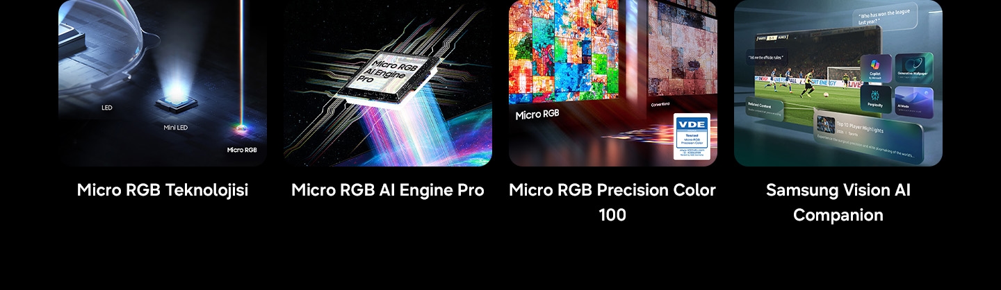 Bir bakışta öne çıkan özellikler, LED’li Micro RGB Teknolojisi, Mini LED ve Micro RGB olarak gösteriliyor. Micro RGB AI Engine Pro. VDE logolu geleneksel ekran ile karşılaştırılan Micro RGB Precision Color 100 teknolojisi gösteriliyor.(01/2026’da Test Edilen Micro RGB Precision Color, www.VDEinfo.com, ID. 40060498, VDE Almanya tarafından test edilmiştir). Samsung TV’de bir futbol sahnesi gösteriliyor. Etrafında ise Vision AI Companion’ın neler yapabildiğini gösteren örneklerin yanı sıra Copilot by Microsoft, Üretken Duvar Kağıdı, Perplexity ve Yapay Zeka Modu simgeleri, kullanıcı soruları, İlgili İçerik önerileri ve En İyi 10 Oyuncu Anı yer alıyor.