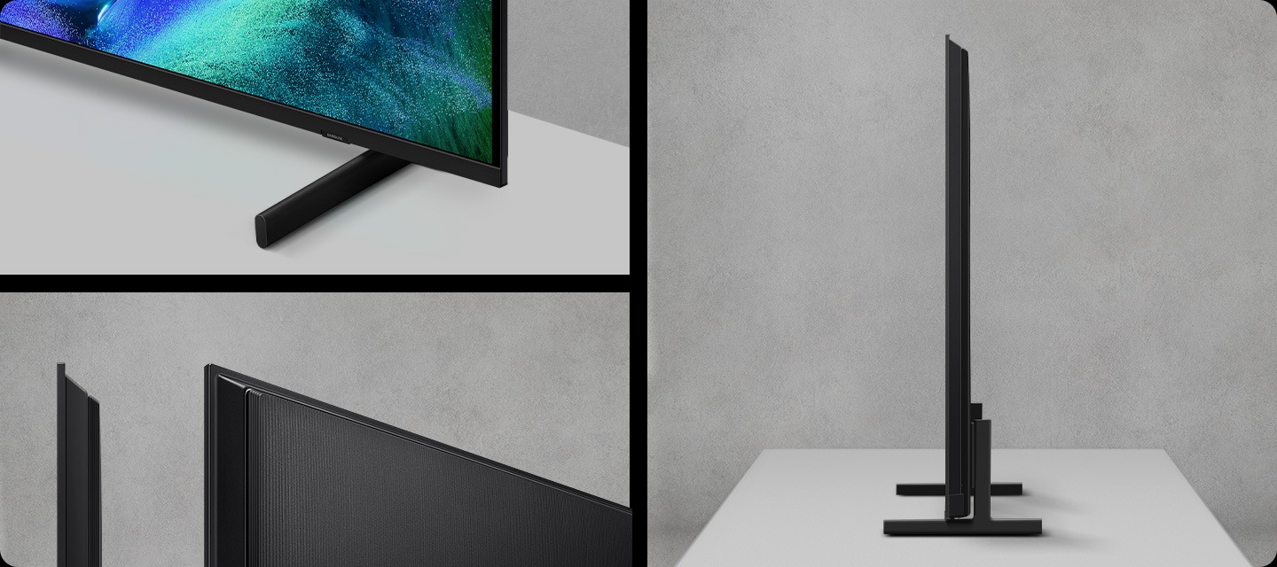 TV’nin ince yan profilinin, konik köşelerinin ve zarif kenarlarının üç yakın çekimi, Samsung’un Monolith Edge Tasarım’ını vurguluyor.