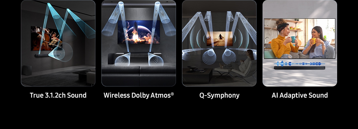 Q600H’nin temel özellikleri olarak Gerçek 3.1.2 Kanallı Tam Çevresel Ses, Kablosuz Dolby Atmos®, Q-Symphony, Yapay Zeka Destekli Uyarlanabilir Ses gösteriliyor.