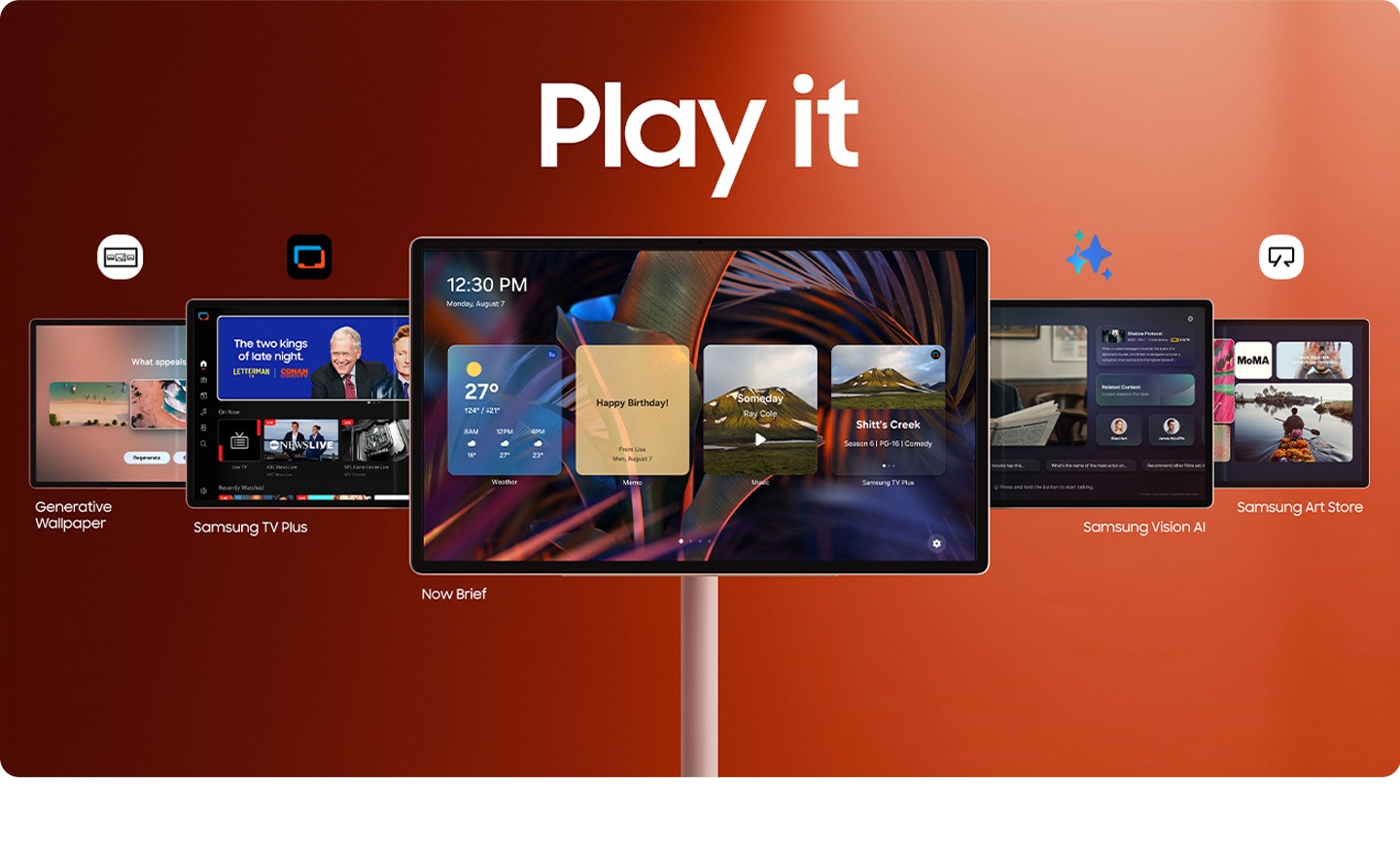 Samsung TV Plus, Now Brief, Samsung Vision AI ve Samsung Art Store eğlence seçenekleri, ilgili simgeleriyle birlikte çeşitli The Movingstyle ekranlarında gösteriliyor. İzleyin.