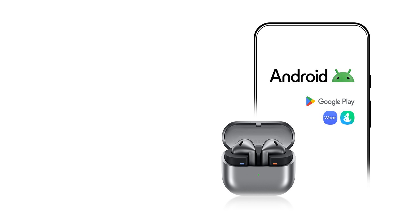 Arkada bir Android akıllı telefonla birlikte Android logosu, Google Play logosu, Galaxy Wearable uygulamasının simgesi ve Samsung Health uygulamasının simgesi var. Önde ise Galaxy Buds3 duruyor.