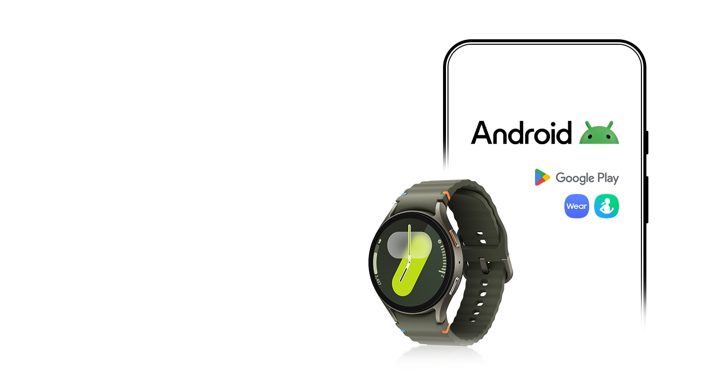Arkada bir Android akıllı telefonla birlikte Android logosu, Google Play logosu, Galaxy Wearable uygulamasının simgesi ve Samsung Health uygulamasının simgesi var. Önde ise Galaxy Watch7 duruyor.