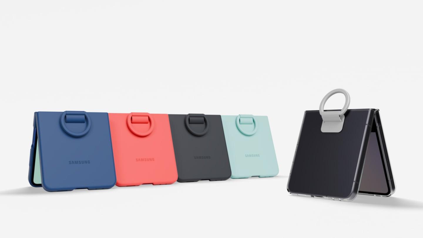 A zoomed in view of the built-in ring of the Galaxy Z Flip7 Ring Case (Silicone) in Mint zooms out quickly through other built-in rings of the same case in Black, Red, and Blue. The cases in the back all fall down and only the Ring Case (Silicone) in Blue remains, zooming out to fold out in side view. A Galaxy Z Flip7 in Blue Shadow appears in side view, and the Ring Case (Silicone) in Blue is applied to the device. A close-up view shows the raised edges protecting the rear camera. The device folds to display the back cover, and the built-in ring flips up. The device slides up, revealing the Ring Case (Clear) in side view. A Galaxy Z Flip7 in Jetblack slides up from the bottom, and the Ring Case (Clear) attaches to the device. The device folds, and the built-in ring flips up in rear view. The device swings from the built-in ring, and swings out to show 5 Galaxy Z Flip7 devices arranged in a circle, with the built-in rings in the center. They all have Ring Cases applied, in Clear, Mint, Black, Red, and Blue. They spin, and slide down to disappear from view one by one. All 5 devices stand slightly unfolded with the built-in rings along the top. The device with the Ring Case (Clear) is closest in view.