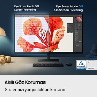 Akıllı Eye Care. Göz yorgunluğundan kurtulun. Monitör ekranı ikiye bölünmüş: Sol tarafta Göz Koruyucu Mod kapalı ve ekran biraz titriyor. Sağ taraftaki monitörde ise mod açık, titreme minimum seviyede. Monitörün alt kısmında TUV sertifikasyon logosu TUVRheinland® CERTIFIED Intelligent Eye Care www.tuv.com bulunuyor.