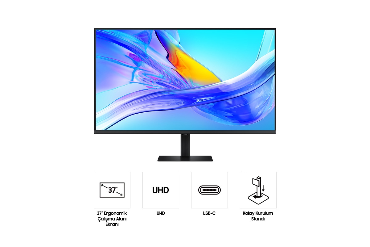 37 inç Samsung ViewFinity S8 S80UD’nin ön yüzü. Ekranda soyut ve renkli desenler yer alıyor. Ayrıca 37 inç Ergonomik Çalışma Alanı Ekranı, UHD Çözünürlük, USB-C ve Kolay Kurulum Standı özelliklerini temsil eden dört simge bulunuyor.