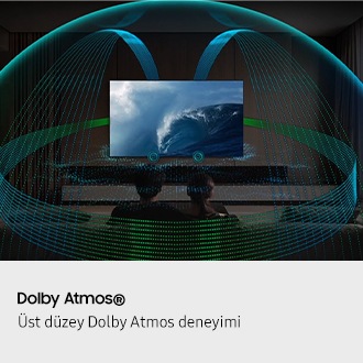 Bir çift, oturma odasında bir koltukta oturuyor ve TV izliyor. TV’nin ön hoparlörleri aydınlanıyor ve TV’nin hoparlöründen ses dalgaları yükseliyor. Hoparlörler ise çifti bir ses kubbesi altında çevreleyerek odayı dolduruyor. Dolby Atmos logosu.