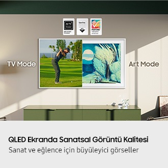 Artful Picture Quality with QLED. Stunning visuals for art and entertainment alike. The Frame shows TV Mode with 100% Color Volume with Quantum Dot and AI TV NQ4 AI Gen2 Processor logos, and Art Mode with Glare Free Reflection UGR<10 Discomfort <22 Disability <34 UL and PANTONE™ Validated ArtfulColor logos.