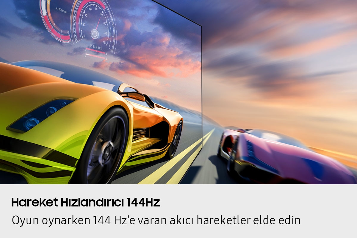 İki yarış arabası bir pistte yarışıyor. Arabalardan biri, diğerinden daha net görünüyor ve daha hızlı gidiyor.