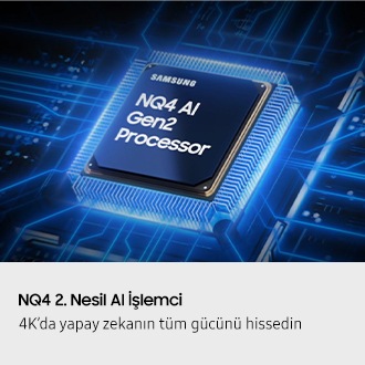Samsung NQ4 AI 2. Nesil İşlemci çipi, TV’nin ana kartına yerleştiriliyor ve çipten TV’nin geri kalanına yayılan güç dalgalarıyla birlikte ışıklar saçıyor.