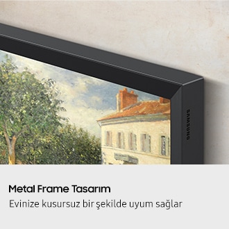 Resim çerçevesi gibi görünmesini sağlayan metal çerçeve tasarımına sahip bir televizyonun köşesinin yakın çekimi. Sanat eserlerini sergileyen bir resim çerçevesine benziyor.