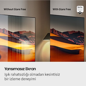 Yansımasız teknolojisi olmayan bir TV ekranında dikkat dağıtan yansımalar görülüyor. Hemen yanında, Yansımasız teknolojisine sahip bir TV ekranında net bir dağ manzarası gösteriliyor. UL Verified (UL tarafından doğrulanmış) Logosu. Yansımasız: Yansıma Parlaması UGR < 10, Rahatsız Eden Parlama UGR < 22, Görüşü Engelleyen Parlama UGR < 34. verifyUL.com®. V166045.