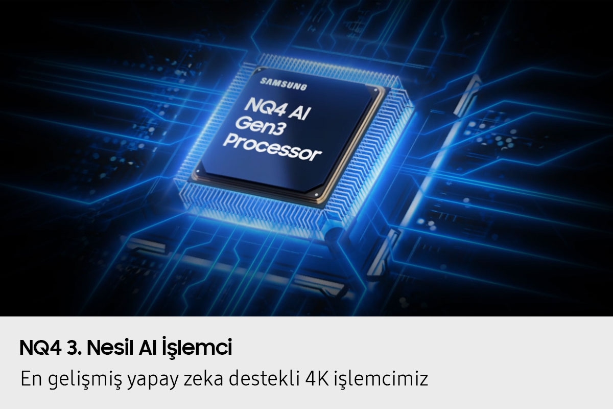 Samsung NQ4 AI 3. Nesil İşlemci çipi, TV’nin ana kartına yerleştiriliyor ve çipten TV’nin geri kalanına yayılan güç dalgalarıyla birlikte ışıklar saçıyor.