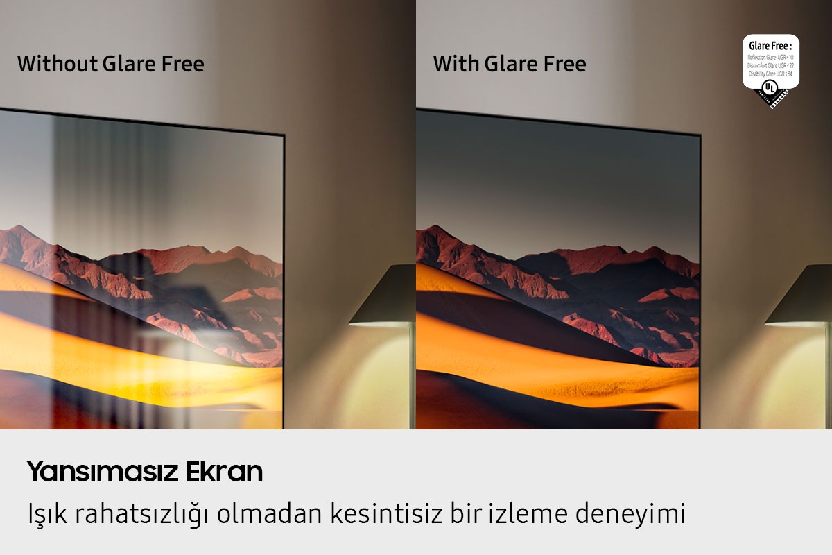Yansımasız teknolojisi olmayan bir TV ekranında dikkat dağıtan yansımalar görülüyor. Hemen yanında, Yansımasız teknolojisine sahip bir TV ekranında net bir dağ manzarası gösteriliyor. UL Verified (UL tarafından doğrulanmış) Logosu. Yansımasız: Yansıma Parlaması UGR < 10, Rahatsız Eden Parlama UGR < 22, Görüşü Engelleyen Parlama UGR < 34. verifyUL.com®. V166045.
