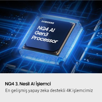 Samsung NQ4 AI 3. Nesil İşlemci çipi, TV’nin ana kartına yerleştiriliyor ve çipten TV’nin geri kalanına yayılan güç dalgalarıyla birlikte ışıklar saçıyor.