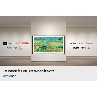The Frame TV’de, galeri tarzı bir duvara monte edilmiş sanat eseri sergileniyor. Mekanda Magnum Photos, Liberty, Belvedere, TOILETPAPER, Vogue, V&A, Art Institute of Chicago, Art Basel, Museo Nacional del Prado, Musée d’Orsay, MoMA, Tate ve The Met dahil olmak üzere dünyaca ünlü sanat kurumlarının ve markaların logoları yer alıyor.
